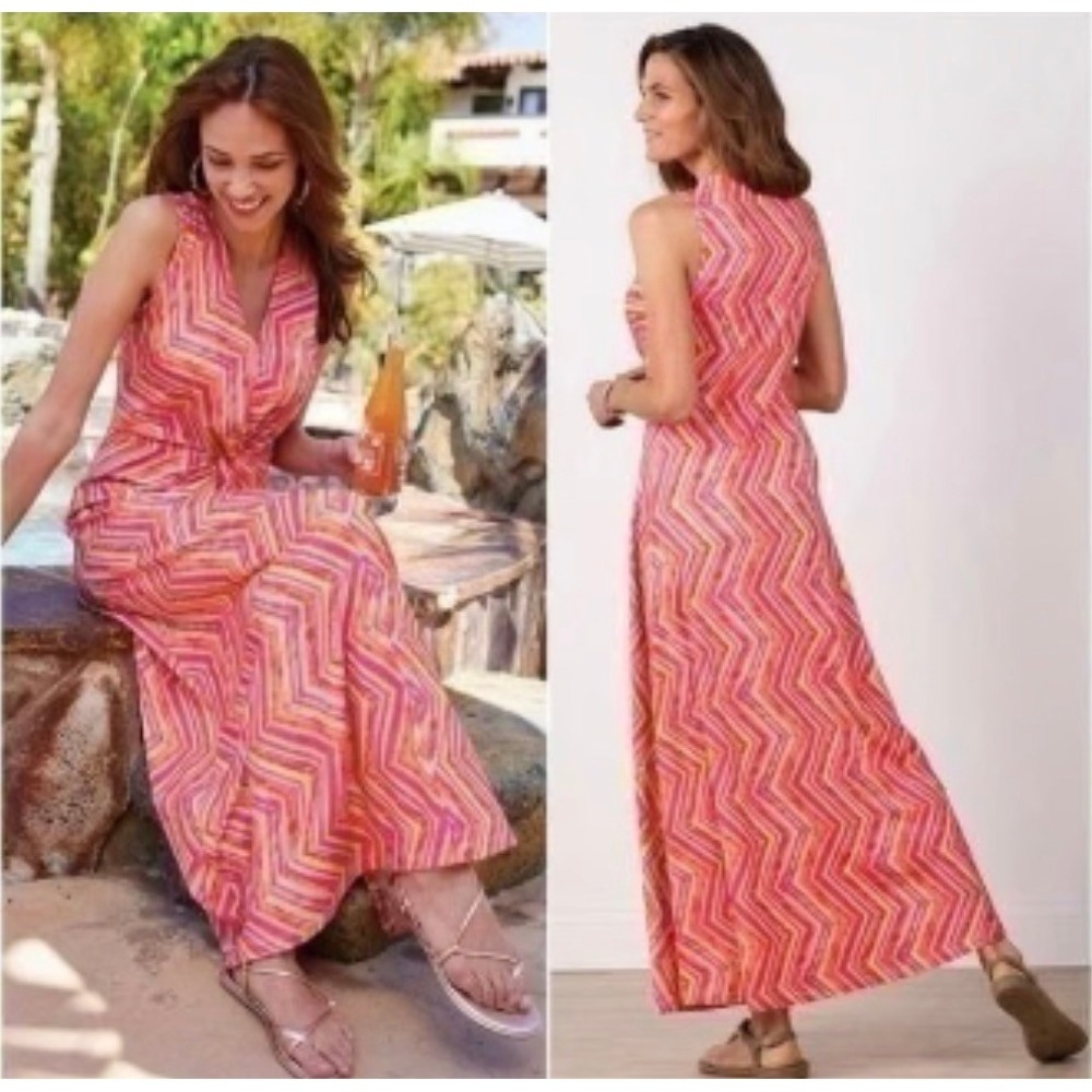 Soft Surroundings Giselli Maxi Dress Size 2X Pink Orange Chevron Twist Front NWT